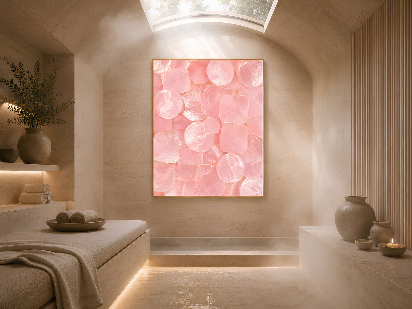 Pink capiz shell wall art in a gold frame hung in a warm-toned bedroom with an upholstered bench.