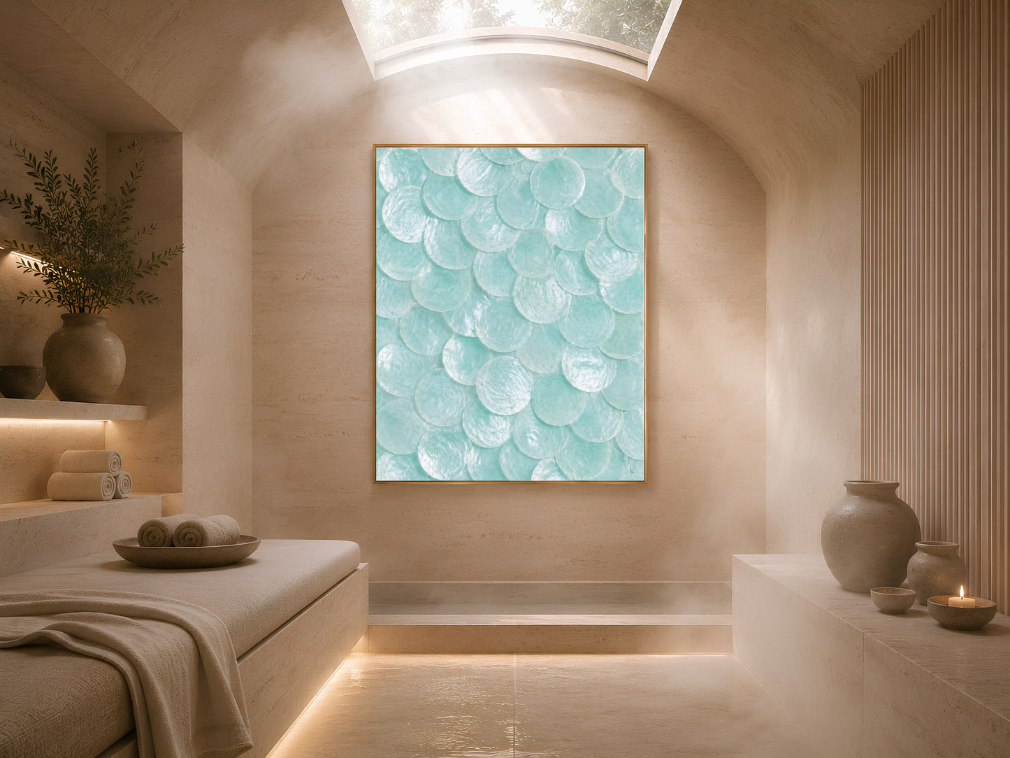 Seafoam capiz shell print in a gold frame hung in a warm, sunlit spa-style room with a bench.