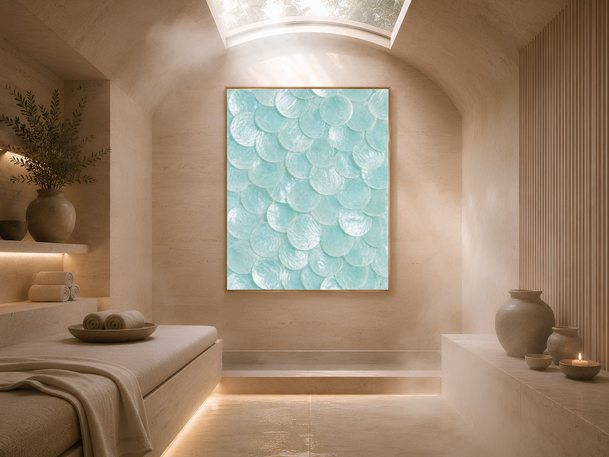 Seafoam capiz shell print in a gold frame hung in a warm, sunlit spa-style room with a bench.