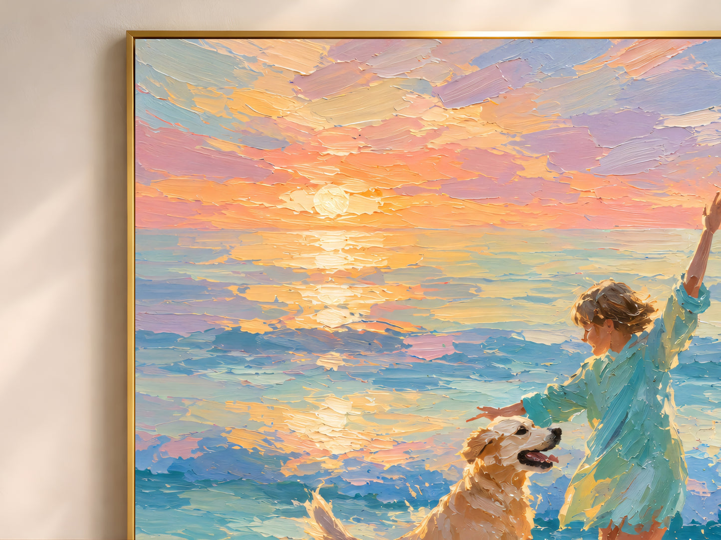 Close-up of the girl and golden retriever beach sunset impasto oil painting showing thick palette knife texture, girl in teal dress with arm raised, golden retriever leaping beside her, and glowing peach amber sunset sky reflected on the water
