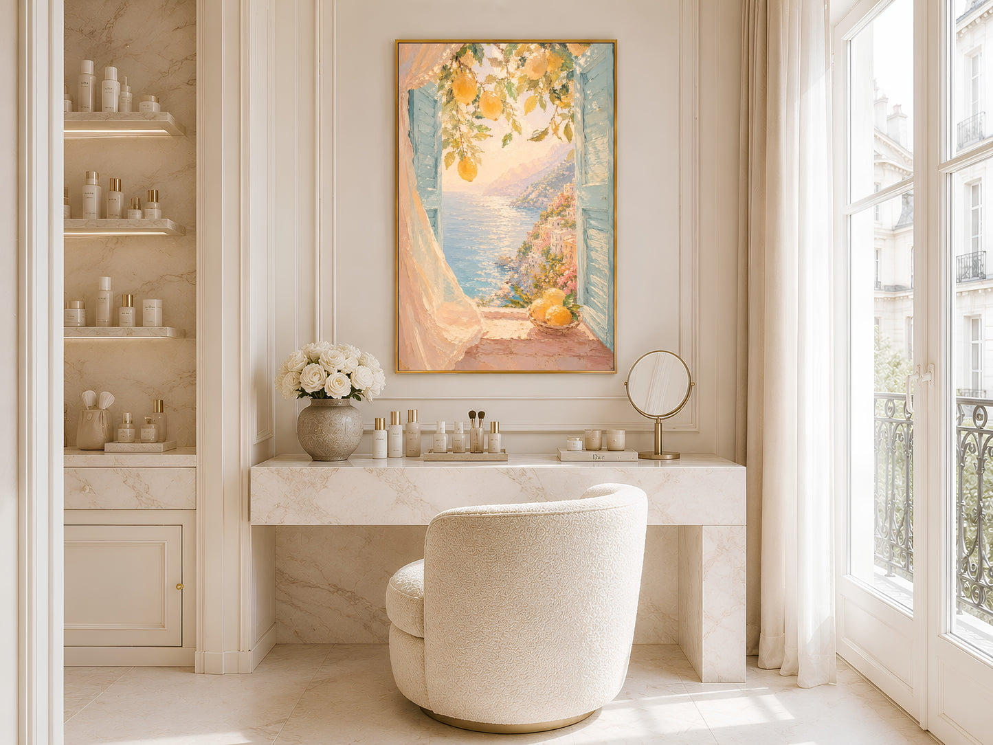 Lemon Mediterranean print in gold frame hung in a minimal white bathroom with freestanding bathtub and tall window