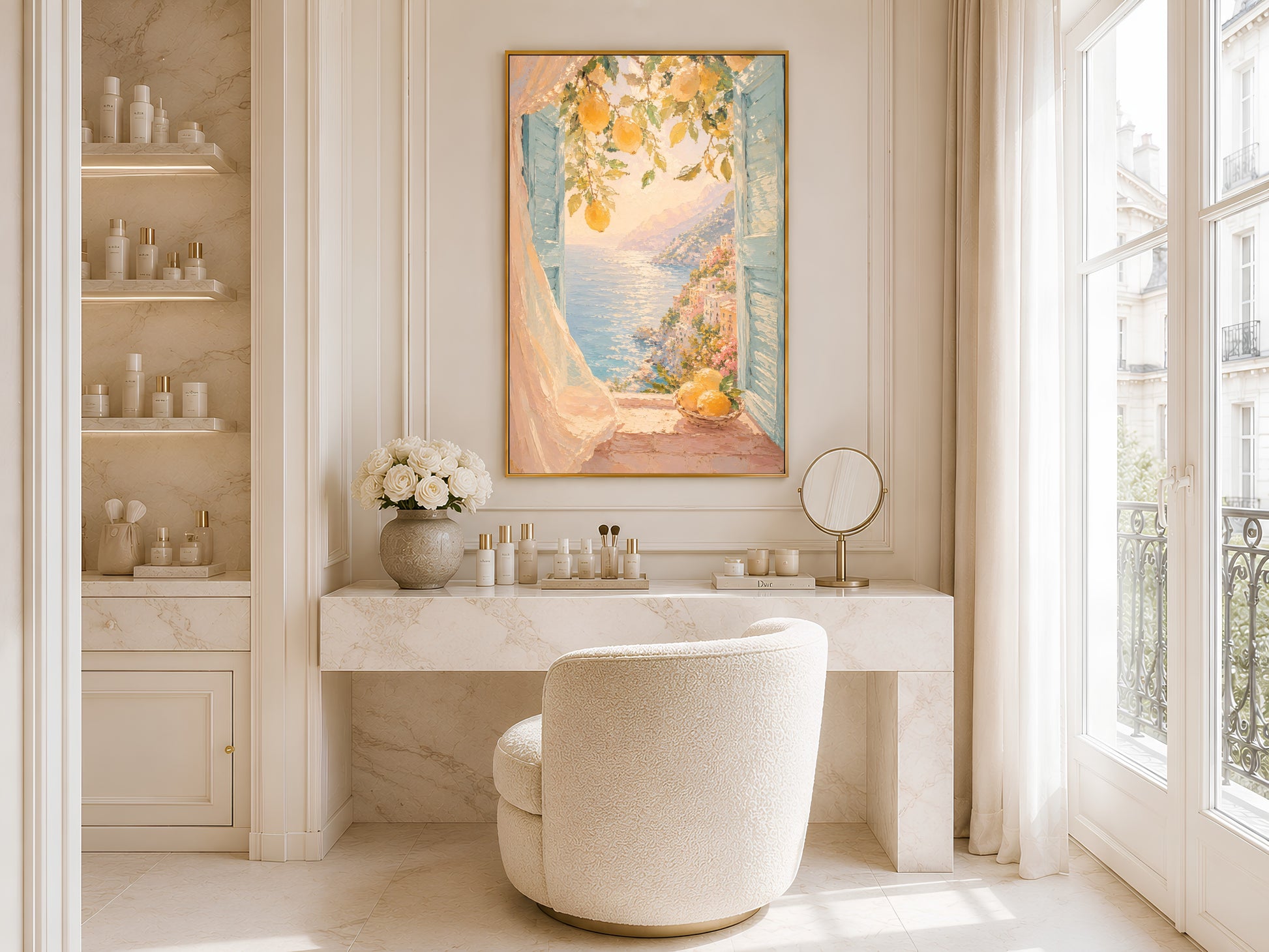 Lemon Mediterranean print in gold frame hung in a minimal white bathroom with freestanding bathtub and tall window