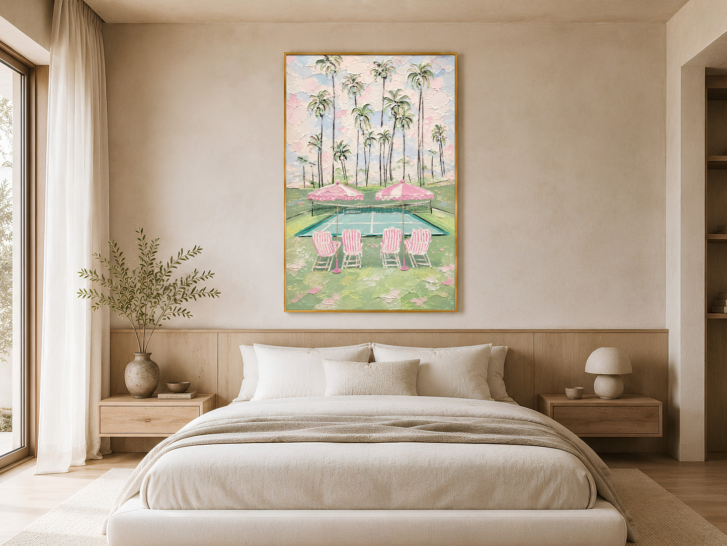 Gold-framed preppy tennis court impasto print above a neutral linen bed in a bright minimalist bedroom with warm natural light and simple nightstands
