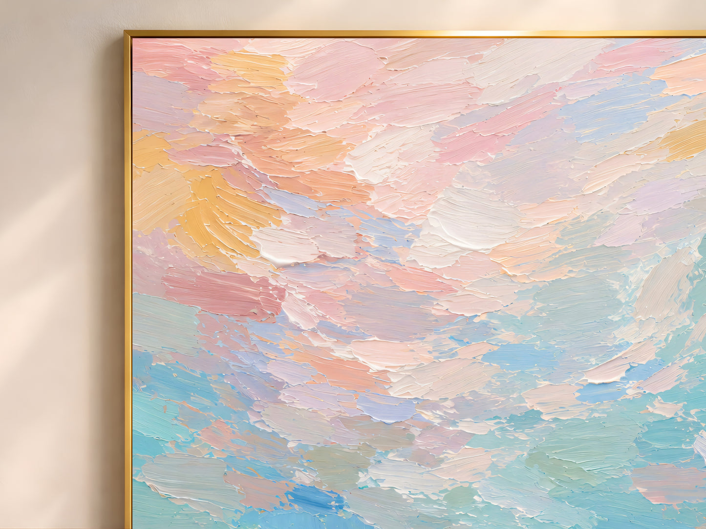 Close-up of impasto sea turtle wall art showing blush pink, peach, mint, and sky blue brushwork texture
