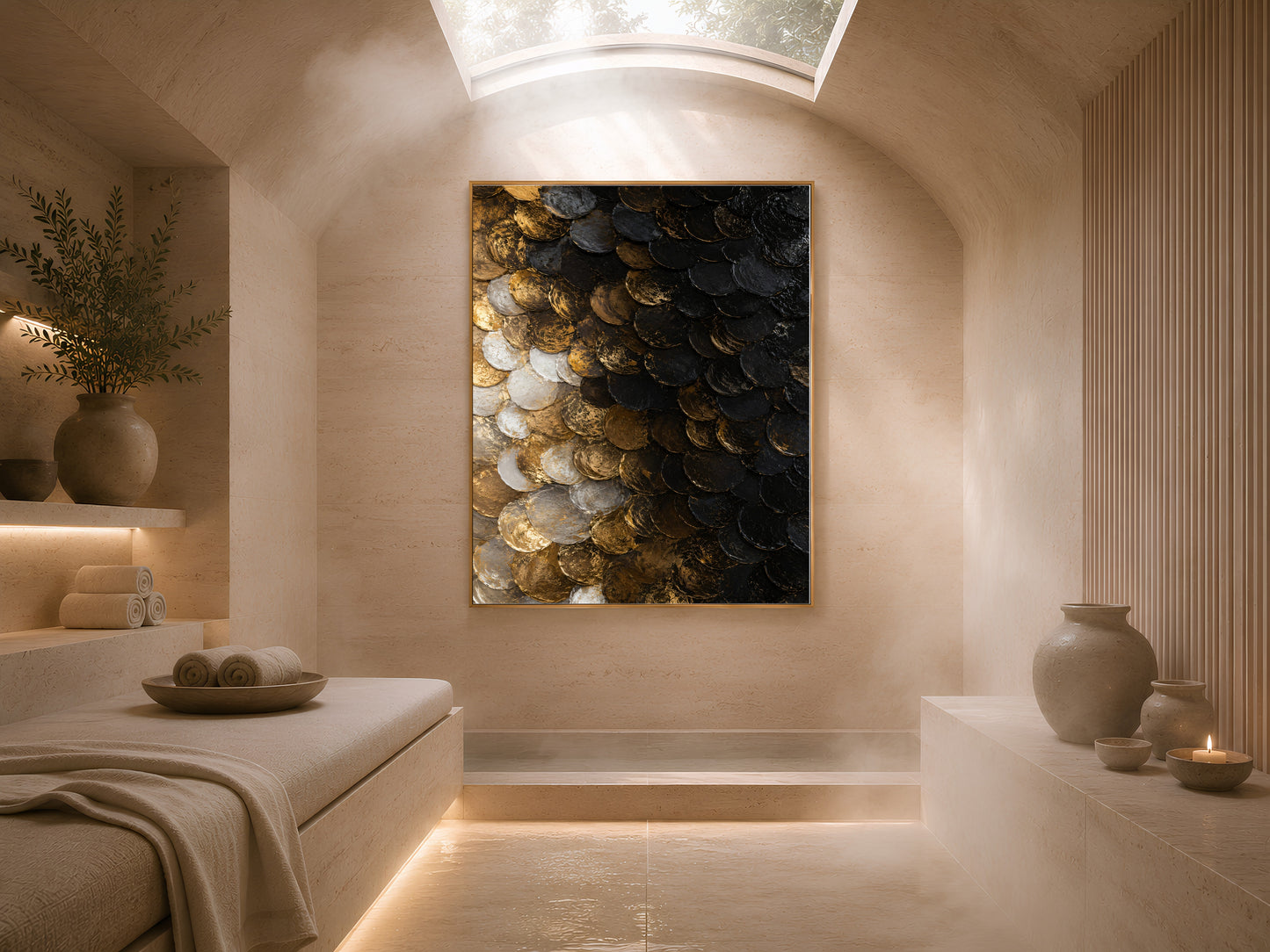 Black gold capiz shell print above bed in warm neutral bedroom
