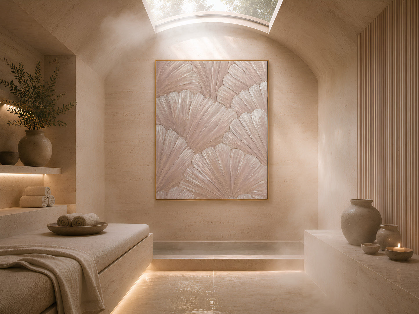 Dusty rose mosaic print in a warm sunken lounge nook with soft ambient lighting
