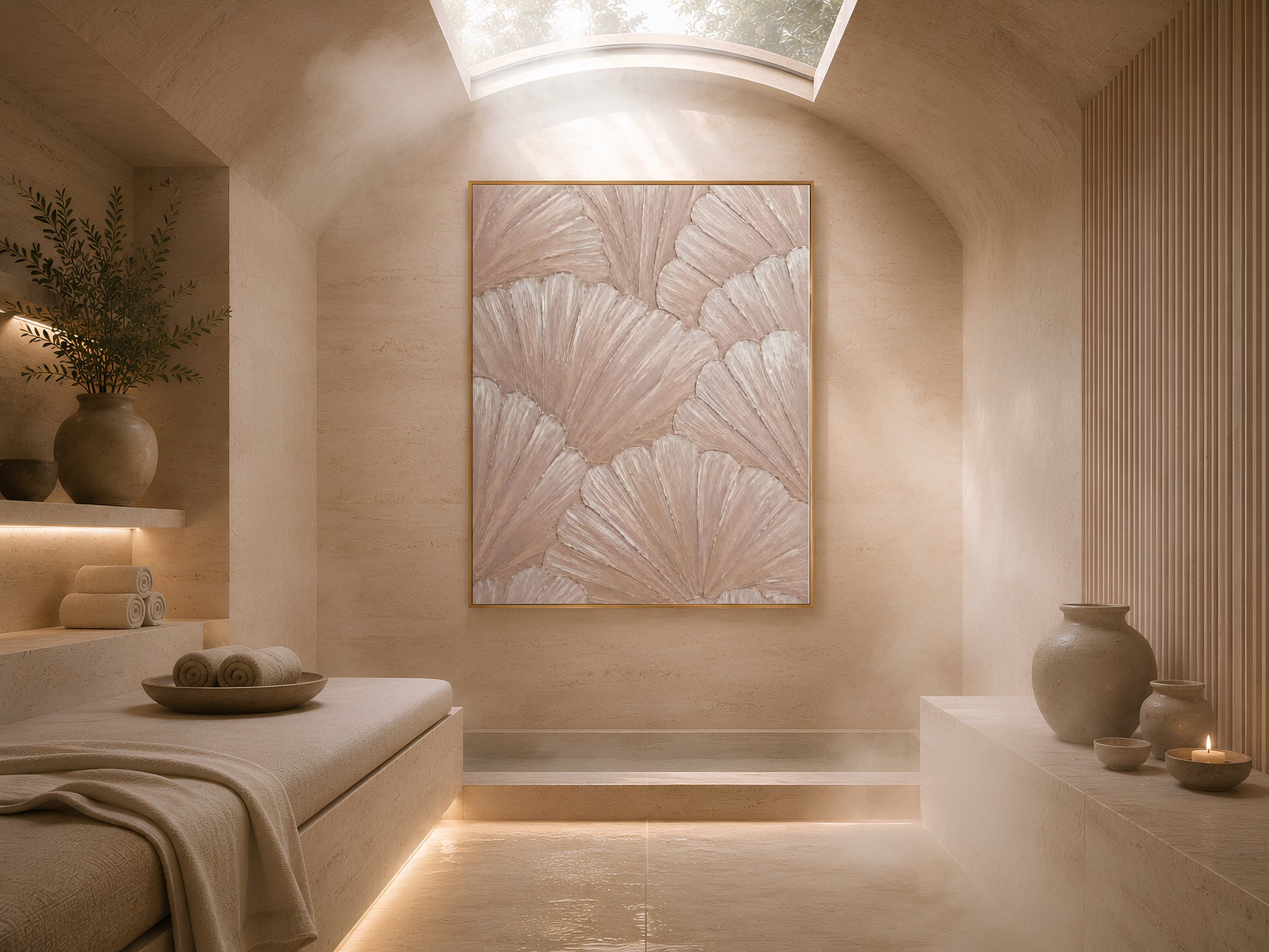 Dusty rose mosaic print in a warm sunken lounge nook with soft ambient lighting