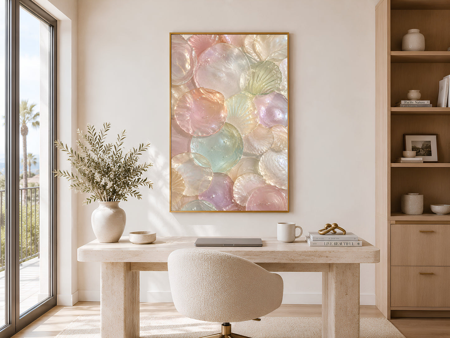 Murano Glass Shell Wall Art Above Home Office Desk, Luxury Pastel Printable Artwork for Contemporary Interiors
