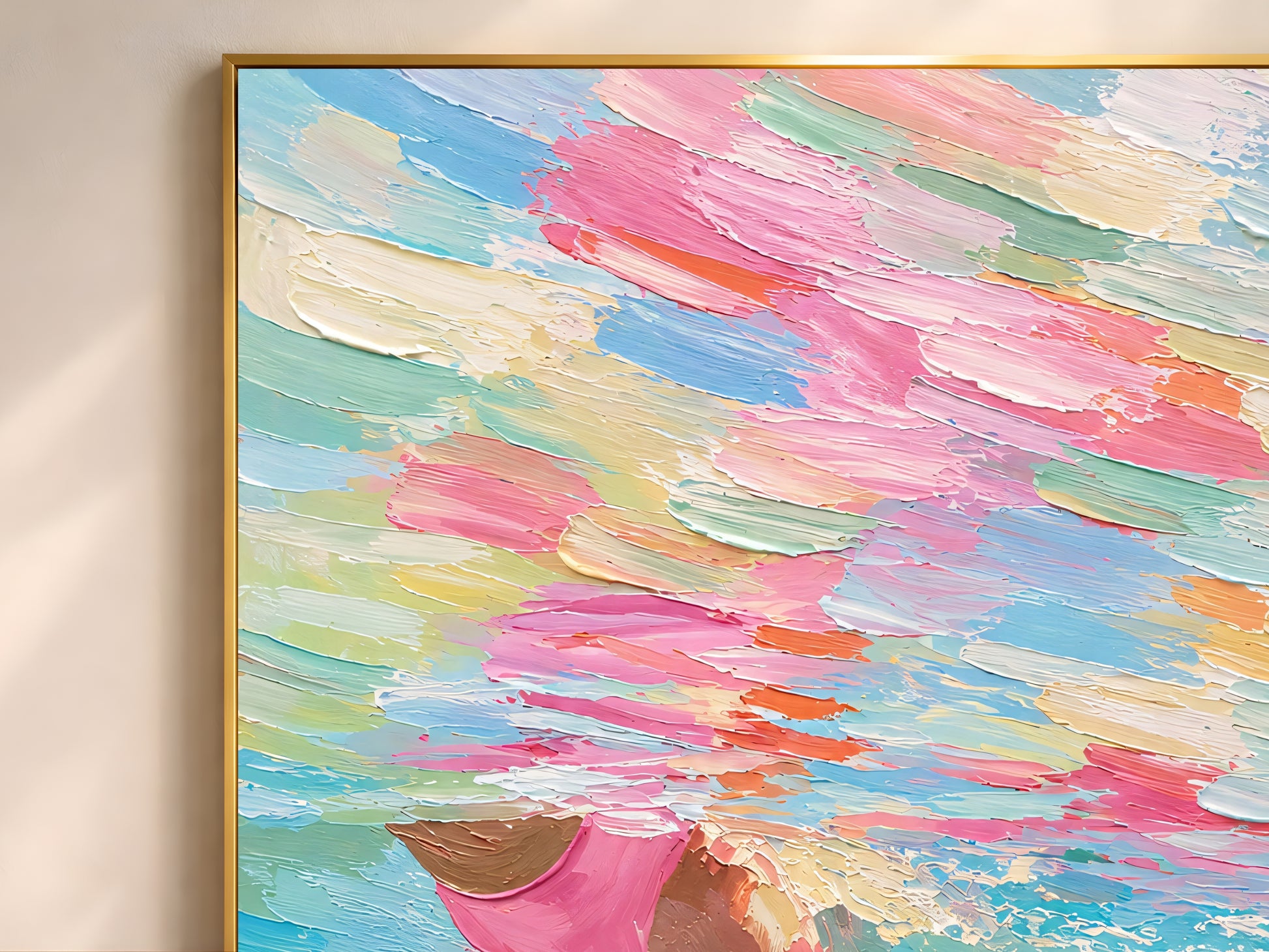 Close-up of the woman swimmer diving impasto oil painting showing thick palette knife texture, hot pink swimsuit, and vibrant swirling teal, blush pink, coral, yellow, and seafoam green water strokes
