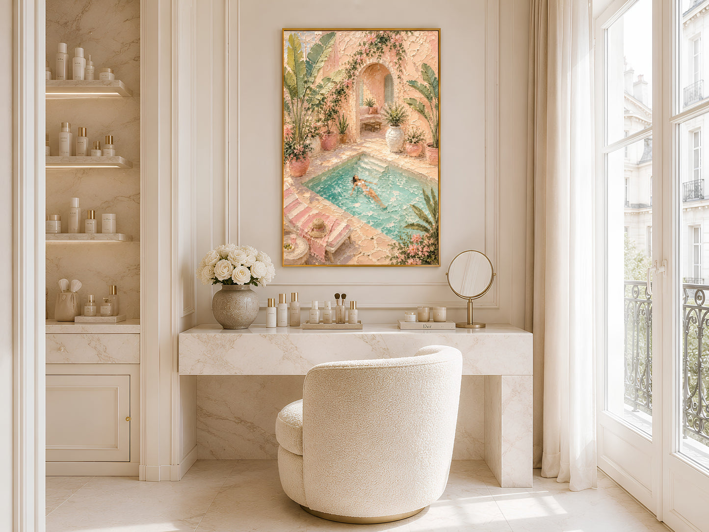 Framed pool villa wall art in pink and teal tones in a bright minimal bathroom beside a freestanding bathtub and large window with natural light
