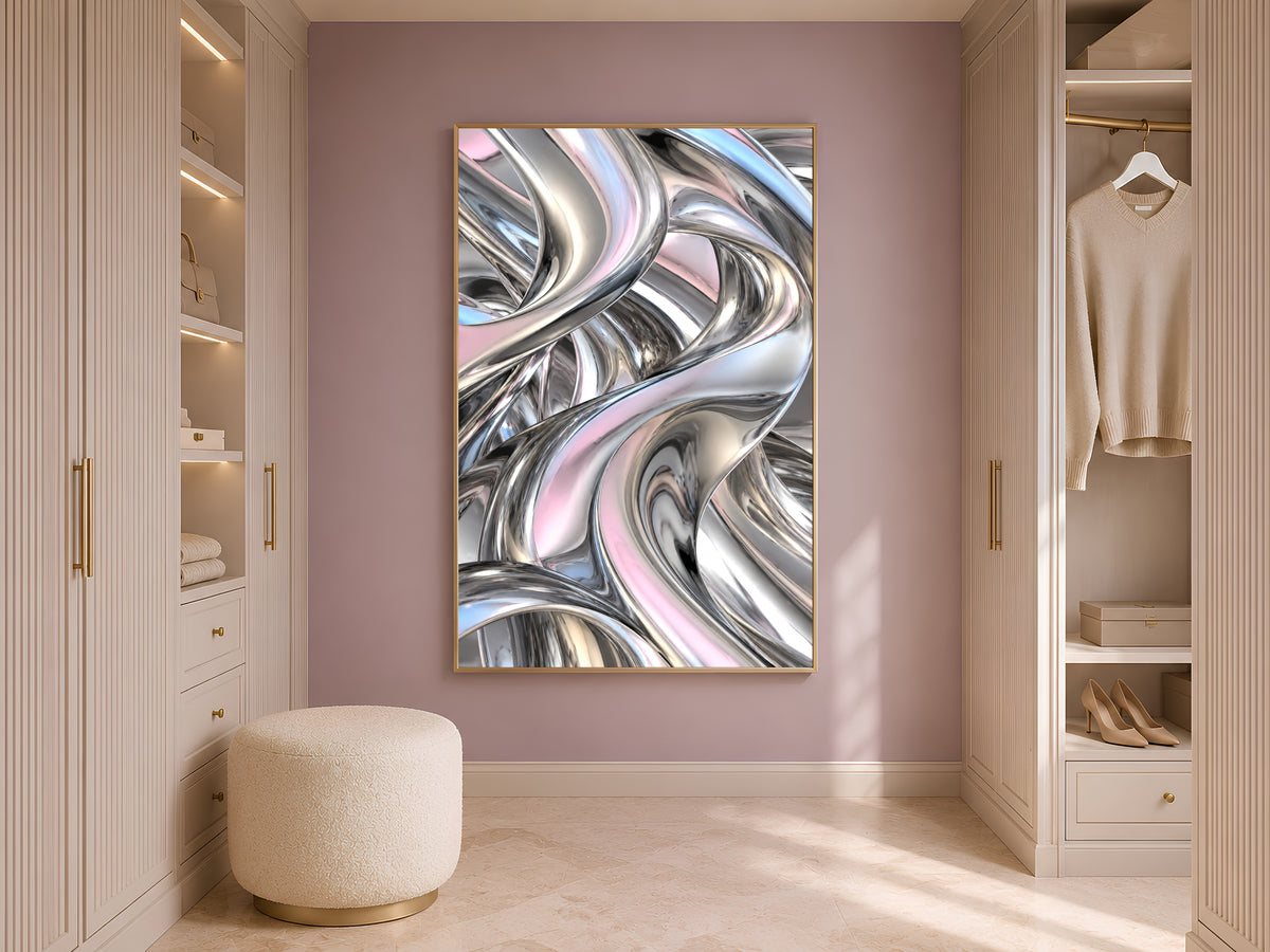 Chrome Liquid Metal Wall Art, Silver Iridescent 3D Abstract Print - Digital Download