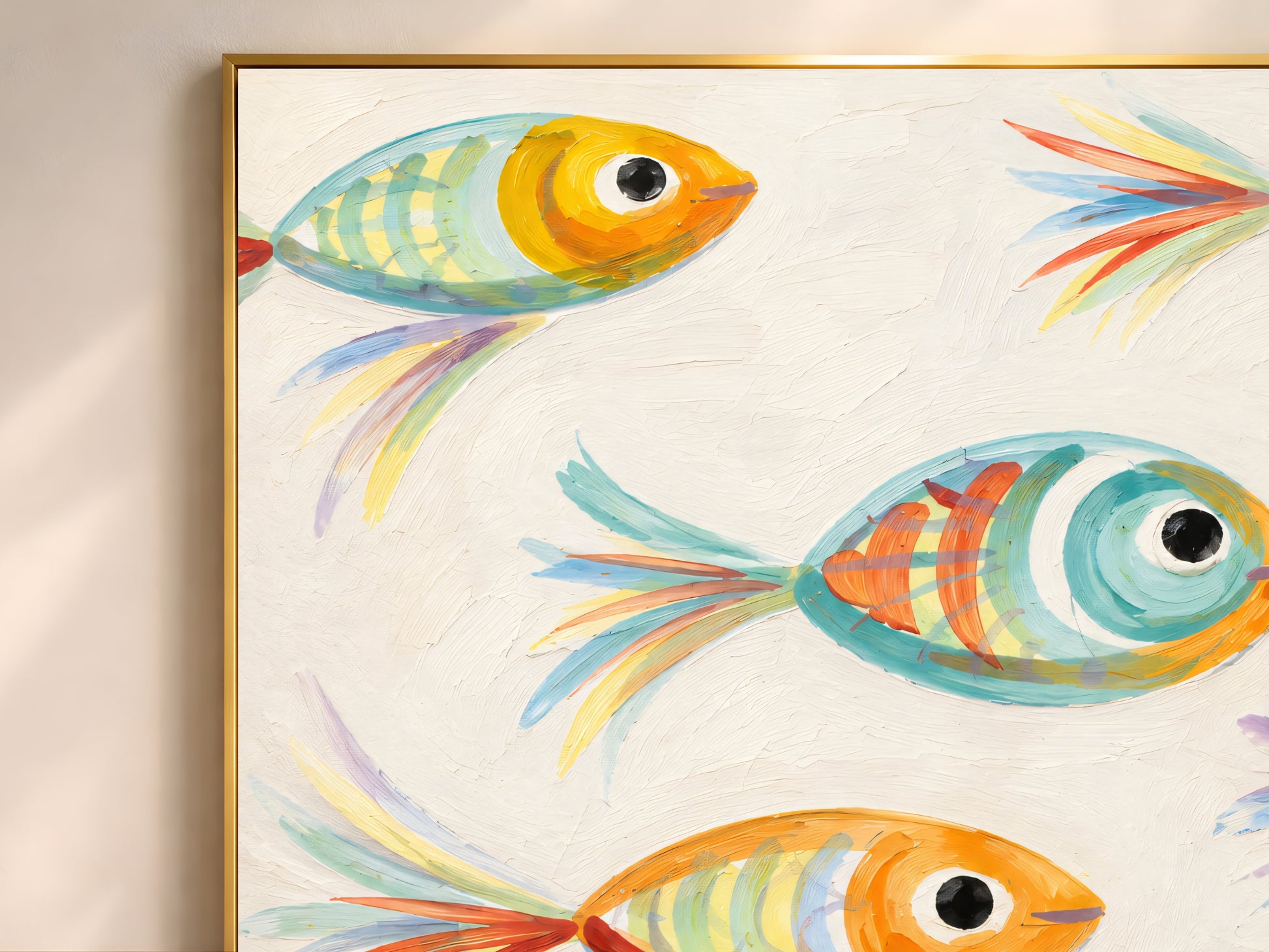 Close-up of impasto whimsical fish painting showing bold striped teal and orange fish with feathery multicolour tails on cream background
