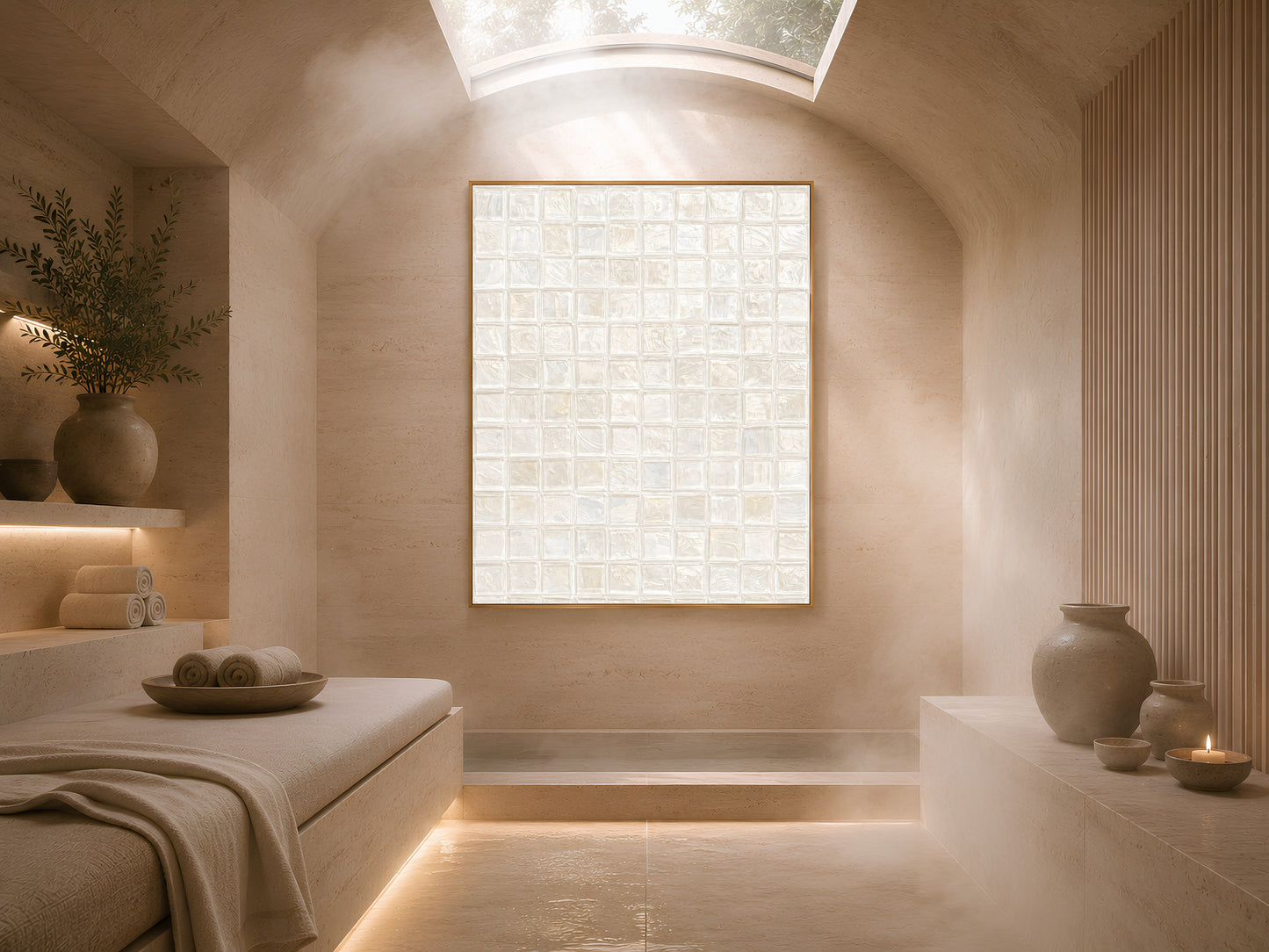 White pearl mosaic tile wall art in a gold frame displayed in a warm minimal bedroom with platform bed, cream linen, and dramatic arched alcove lighting
