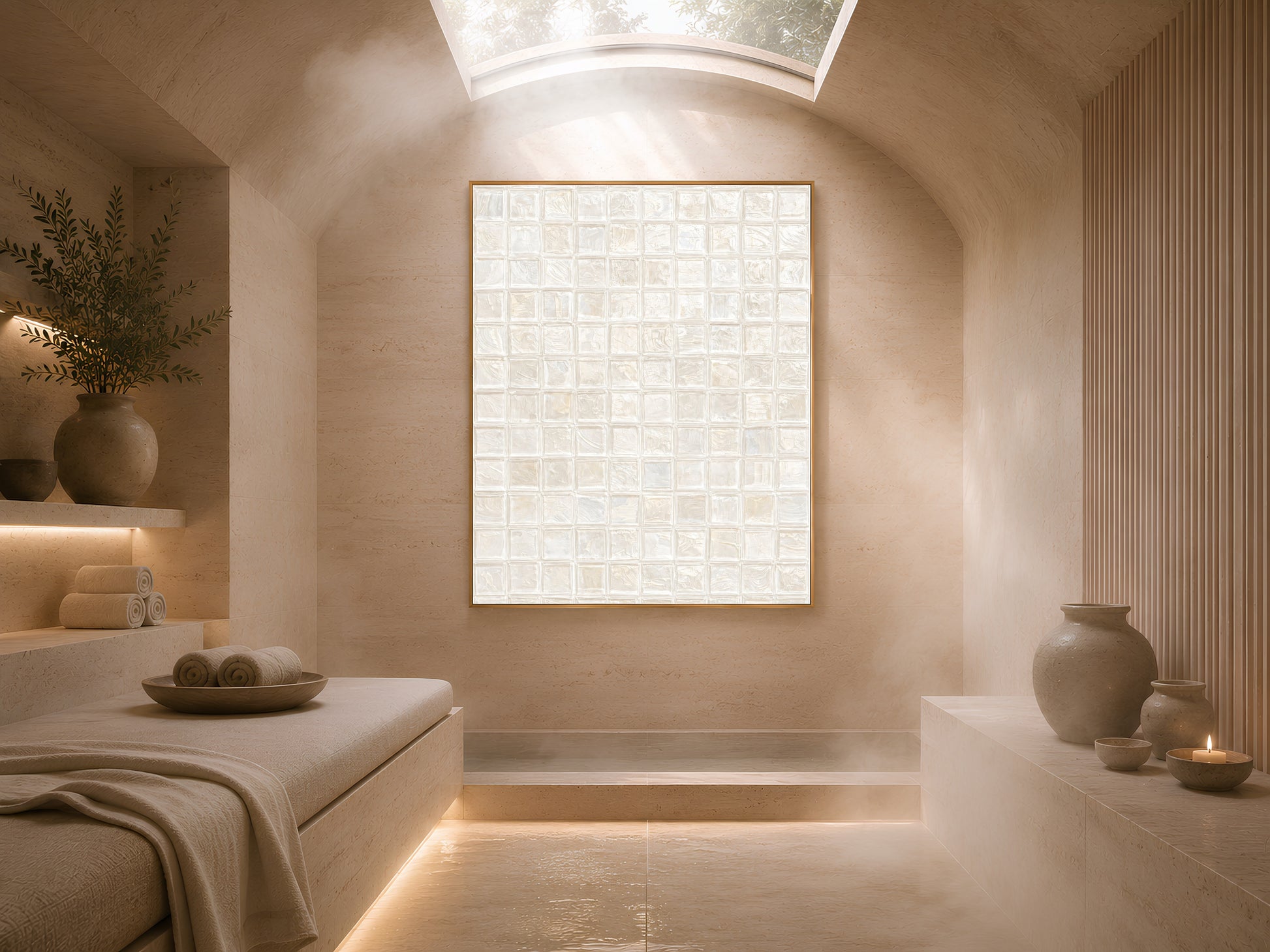 White pearl mosaic tile wall art in a gold frame displayed in a warm minimal bedroom with platform bed, cream linen, and dramatic arched alcove lighting

