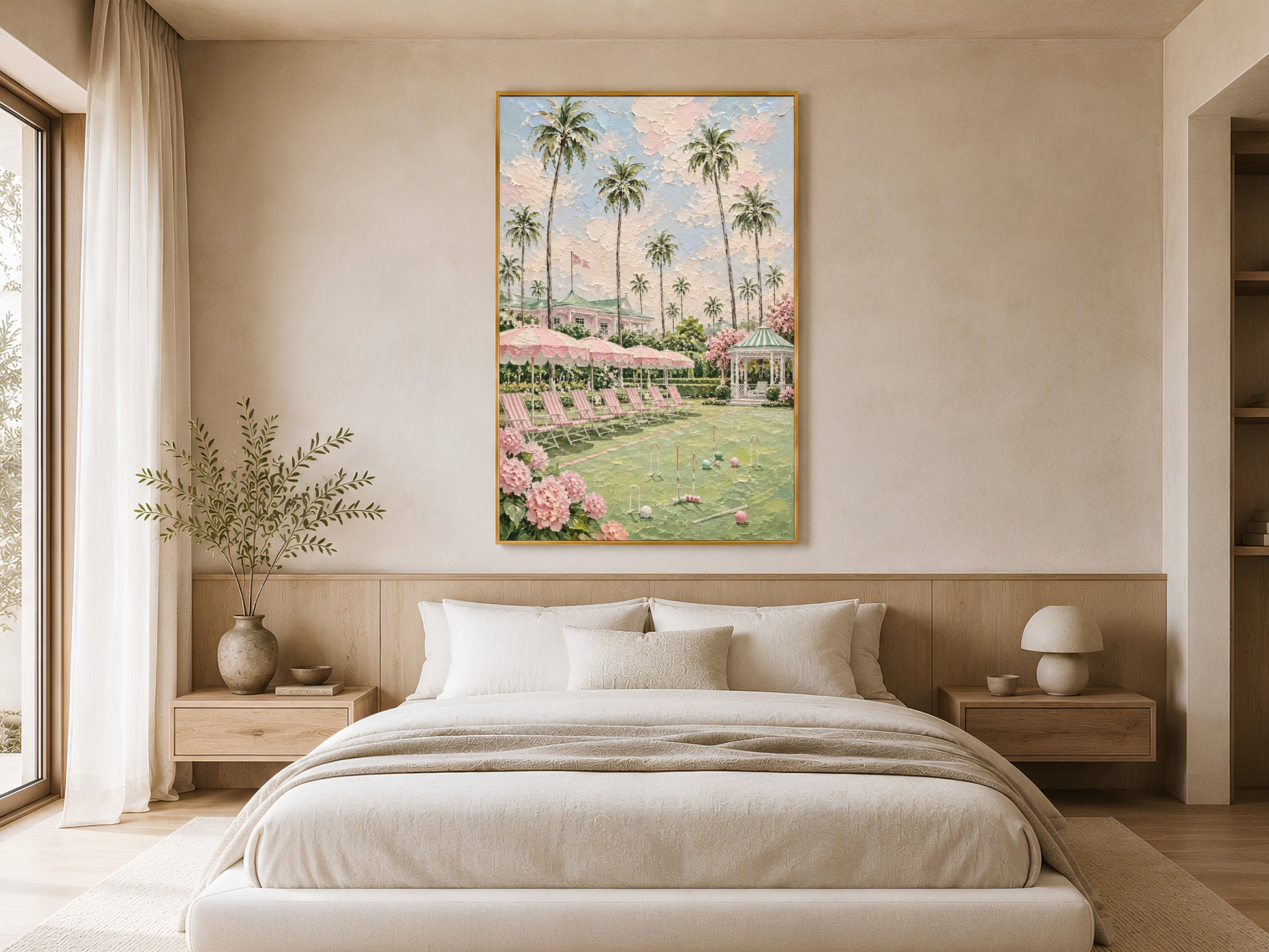Pink croquet lawn palm tree impasto print in a gold frame above a neutral linen bed in a bright minimalist bedroom with warm natural light and simple nightstands
