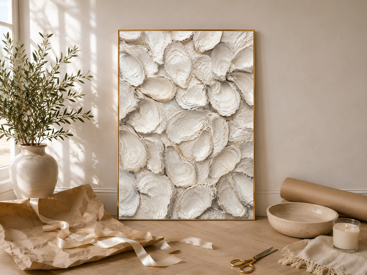 Sunlit tablescape with a framed oyster shell print, a ceramic vase, olive branches, and woven styling props.