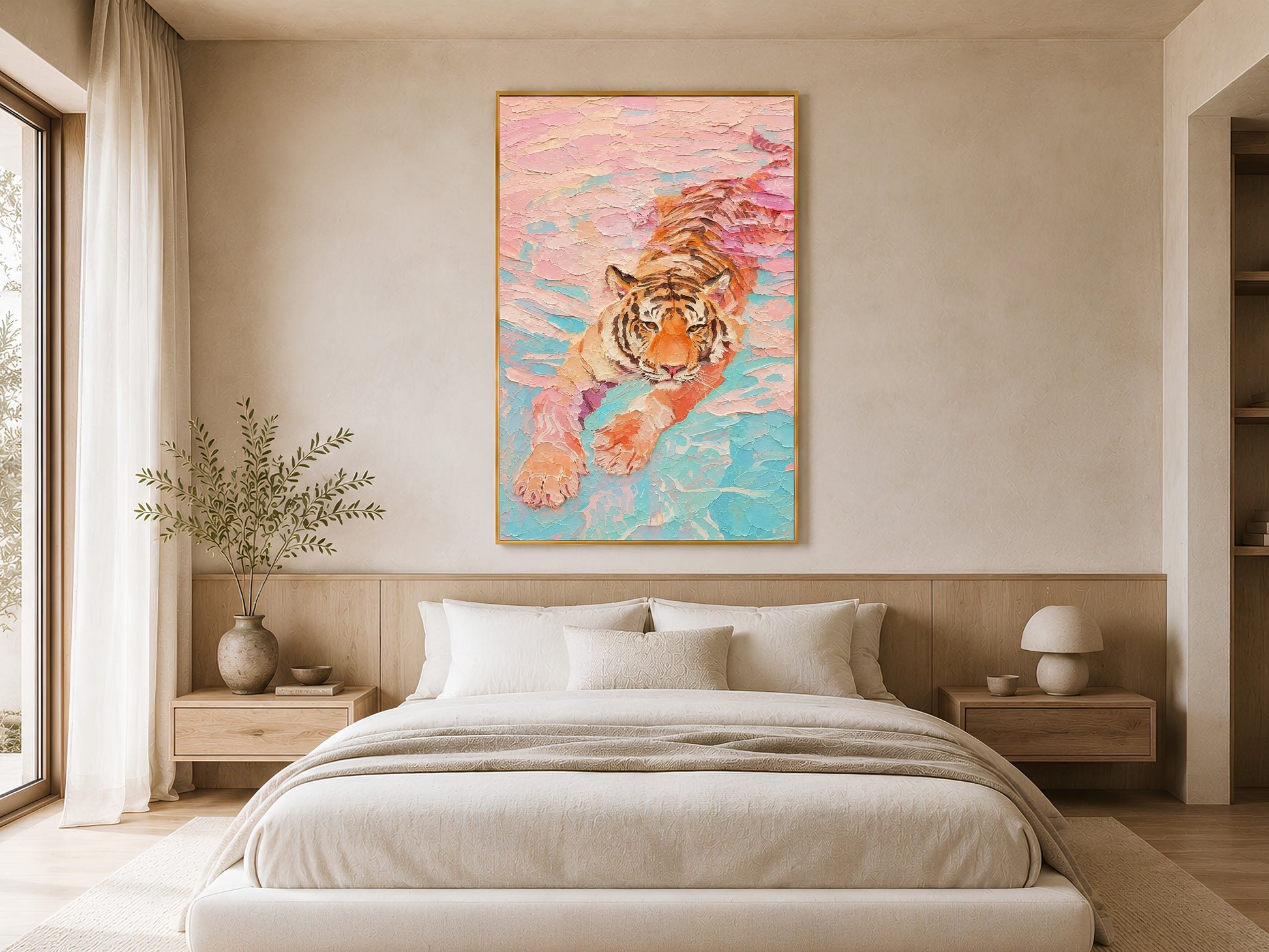 Framed pastel tiger impasto print leaning against the wall in a neutral bedroom with linen bedding and warm ambient lighting
