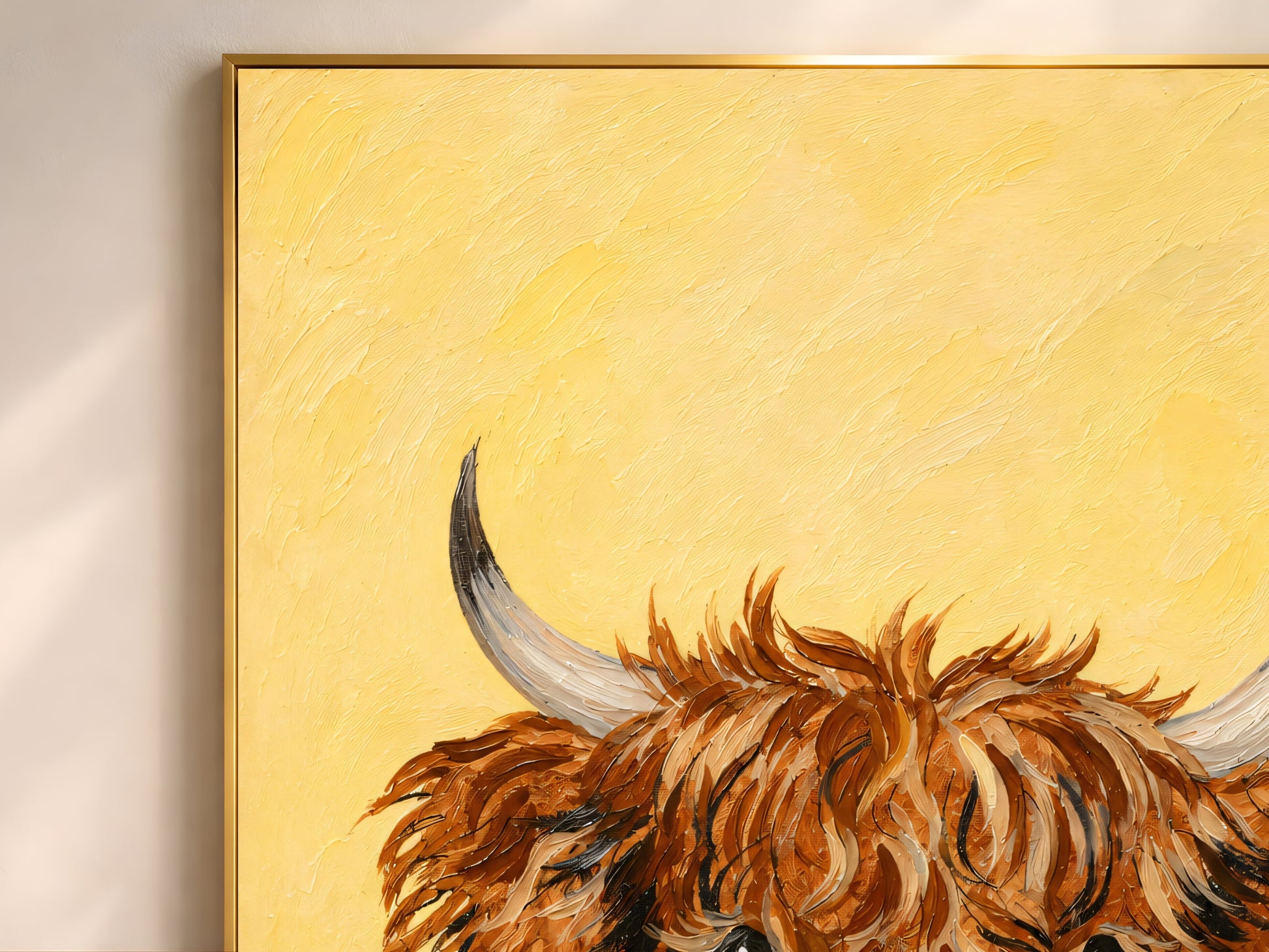 Close-up of impasto baby highland cow painting showing shaggy copper and cream fur texture against marigold yellow background
