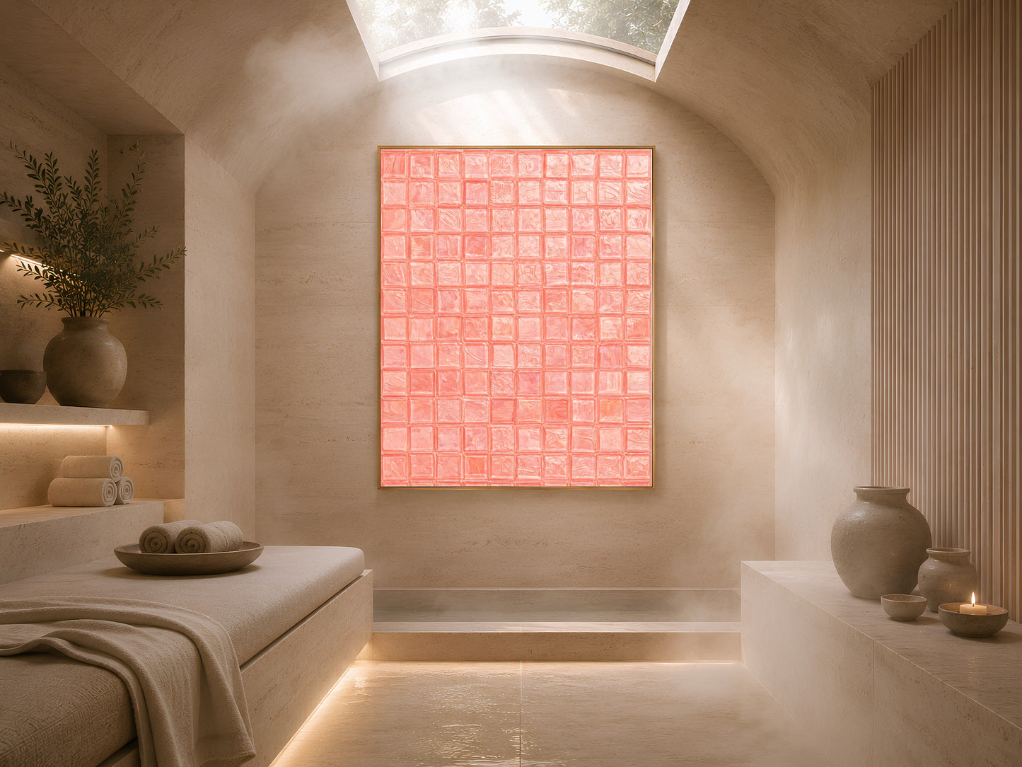 Salmon coral mosaic tile art print in a gold frame displayed large in a bright arched entryway or hallway with warm stone walls and dramatic lighting
