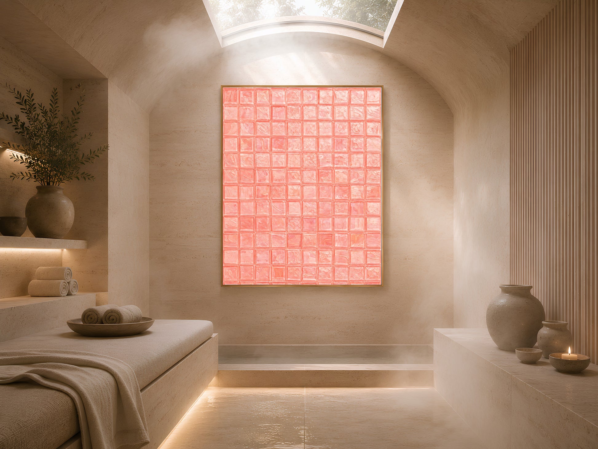 Salmon coral mosaic tile art print in a gold frame displayed large in a bright arched entryway or hallway with warm stone walls and dramatic lighting
