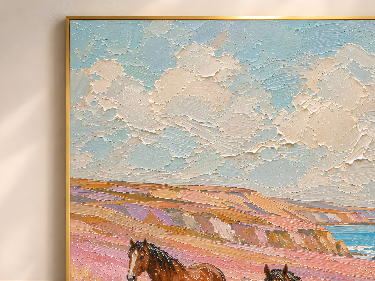 Close-up of the two chestnut horses in a lavender coastal meadow impasto oil painting showing thick palette knife texture, creamy cloudy sky, amber coastal cliffs, and turquoise ocean in the background
