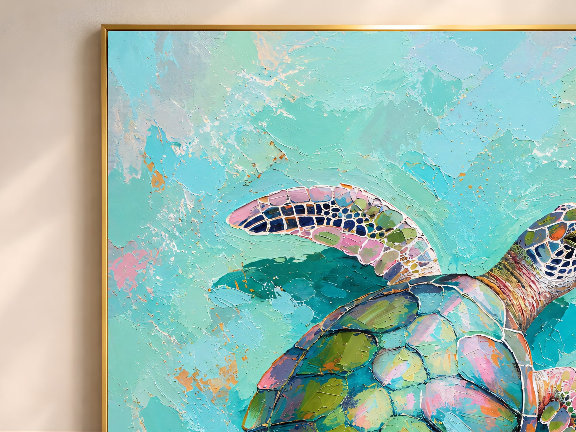 Close-up of impasto sea turtle painting showing iridescent shell detail in sage green, blush pink, teal, and gold tones
