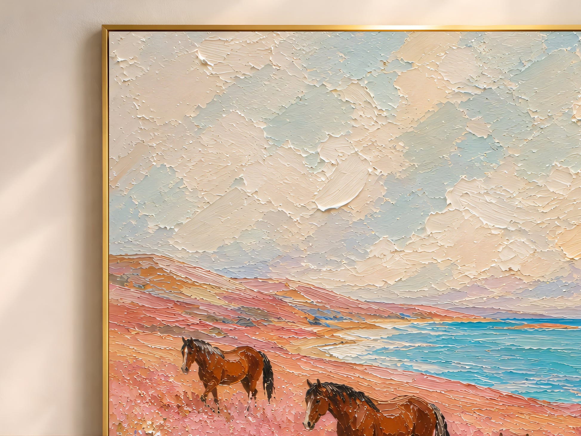 Close-up of the three horses in a coastal floral meadow impasto oil painting showing thick palette knife texture, creamy cloudy sky, turquoise ocean, and chestnut horses moving through the pink landscape
