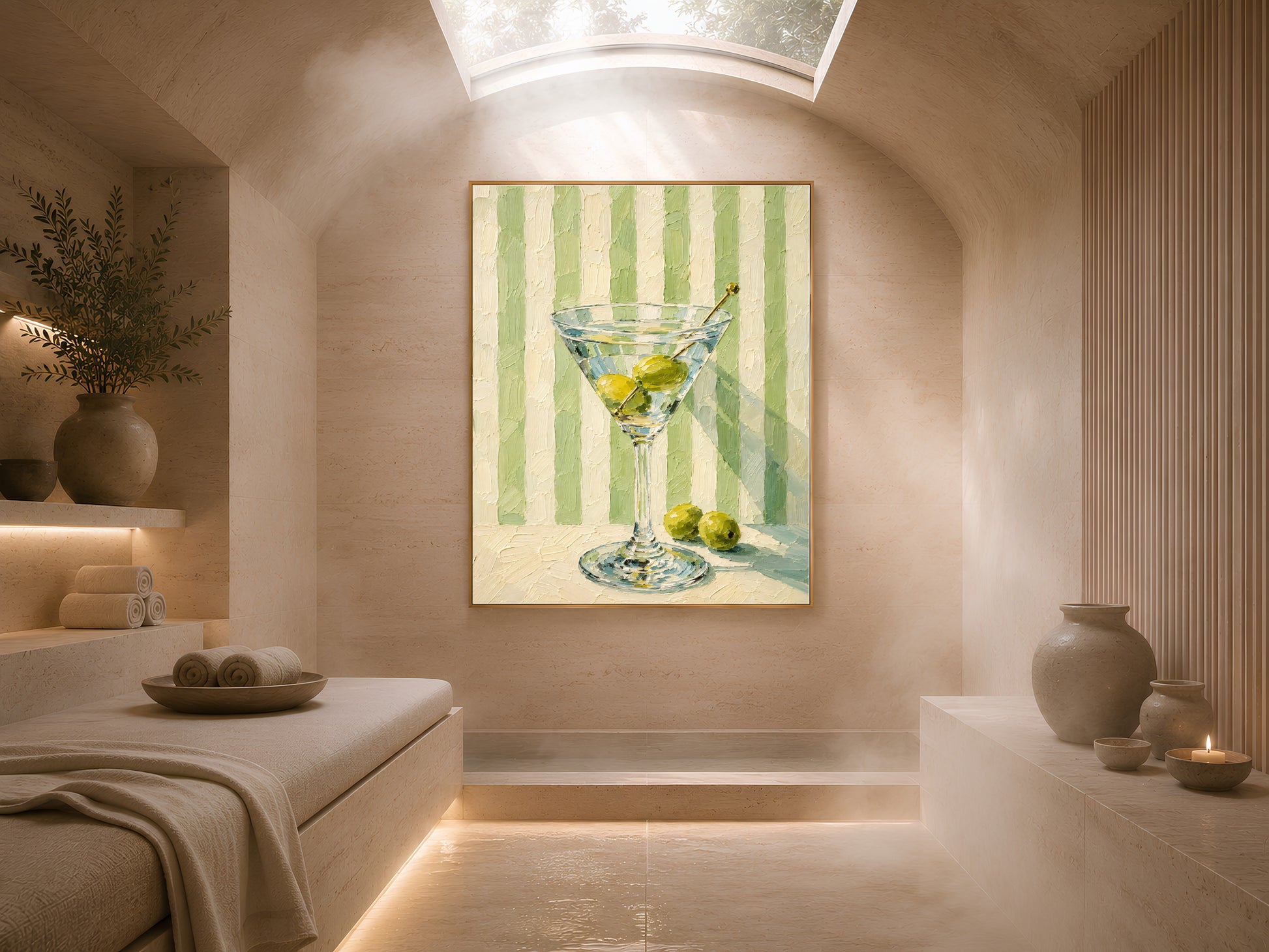 Martini glass wall art in gold frame above a bed in a warm neutral bedroom
