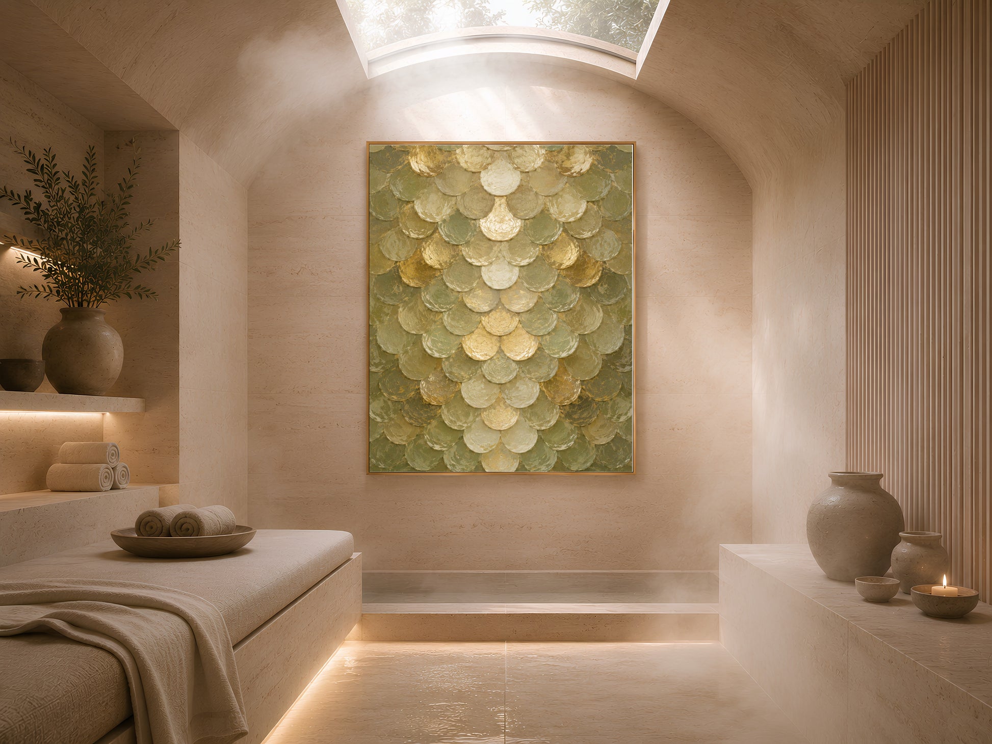 Sage green capiz shell wall art above cozy bed nook with warm ambient lighting
