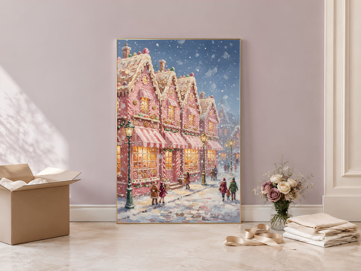 Gingerbread Village Wall Art, Candyland Christmas Street Print - Digital Download