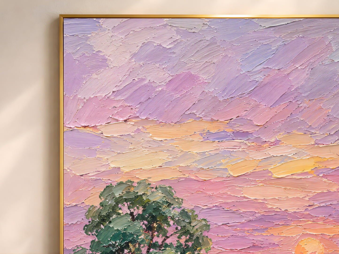 Close-up of the farmhouse horse sunset impasto oil painting showing thick palette knife texture across the full scene with chestnut horse in the paddock, lush green trees, grey barn, and lavender pink sunset sky
