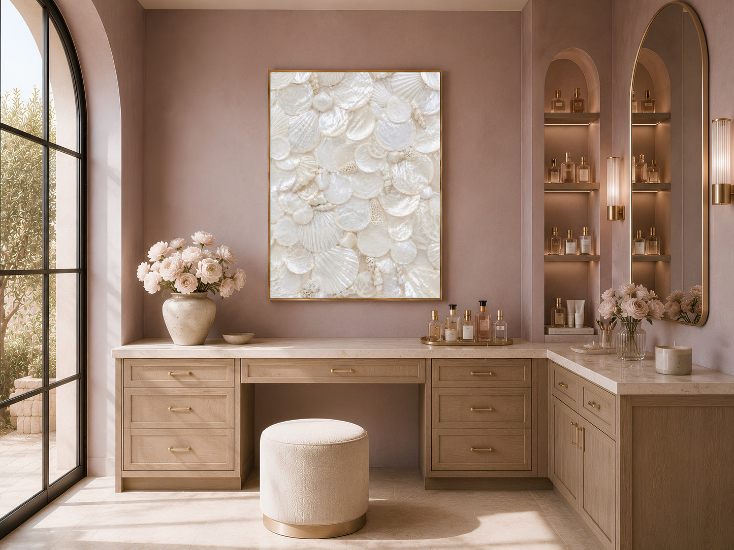 Feminine dressing area with a wood vanity desk, round stool, and a framed seashell wall art print above the mirror station.