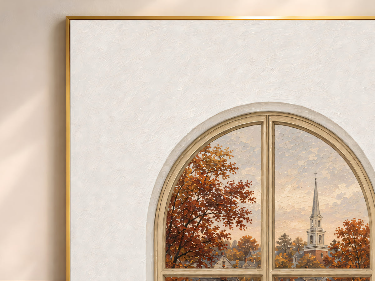 Autumn Village Window Wall Art, Rainy Main Street Church Print - Digital Download