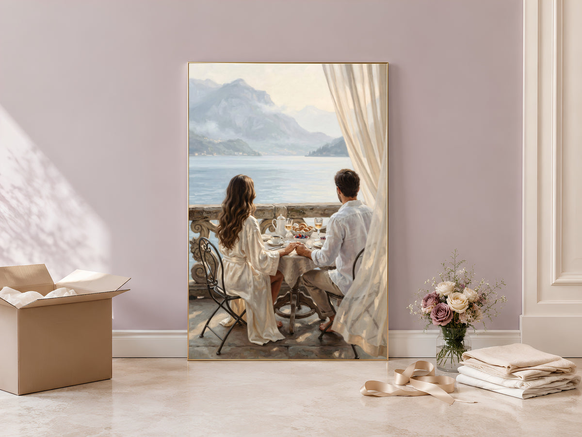 Lake Como Wall Art, Romantic Couple Breakfast Oil Painting Print - Digital Download