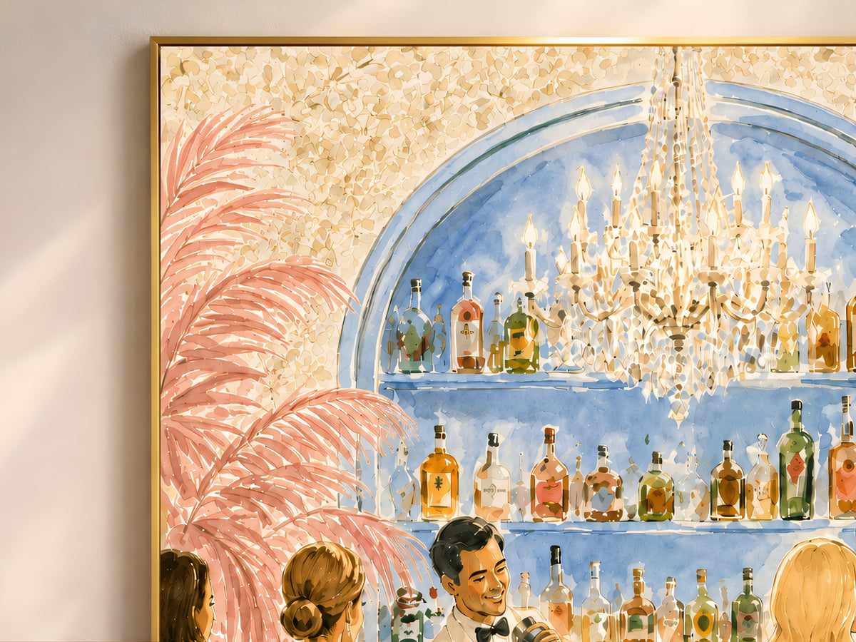Riviera Cocktail Bar Wall Art, Preppy Pink Watercolor Print - Digital Download