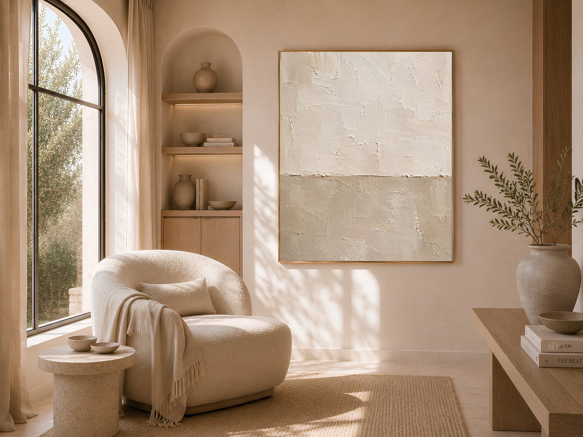 Neutral plaster texture wall art framed above a curved boucle sofa in a warm minimalist living room
