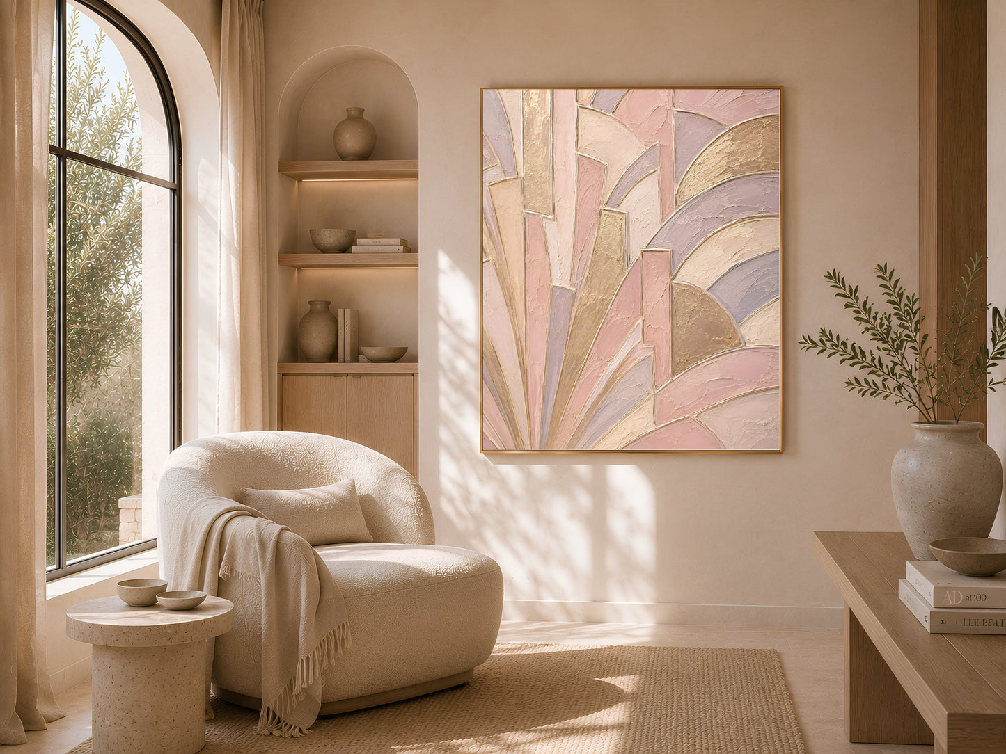 Art deco sunburst wall art framed between built-in shelves, blush pink and gold textured painting
