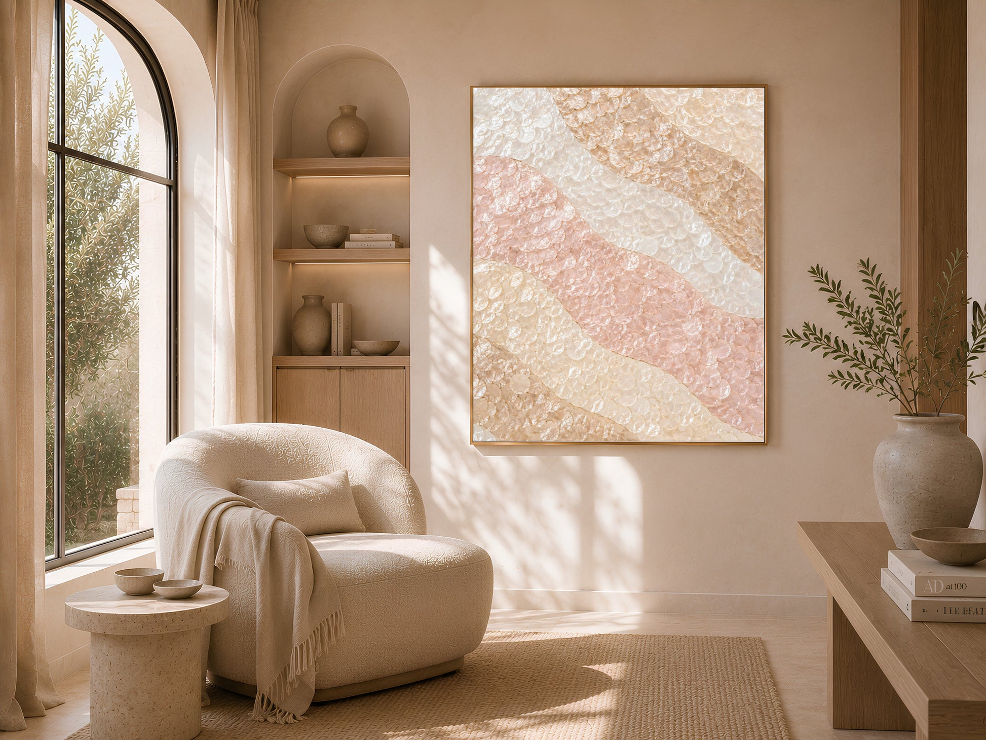 Ombre wave mosaic wall art print in a gold frame above a boucle armchair in a sunlit living room
