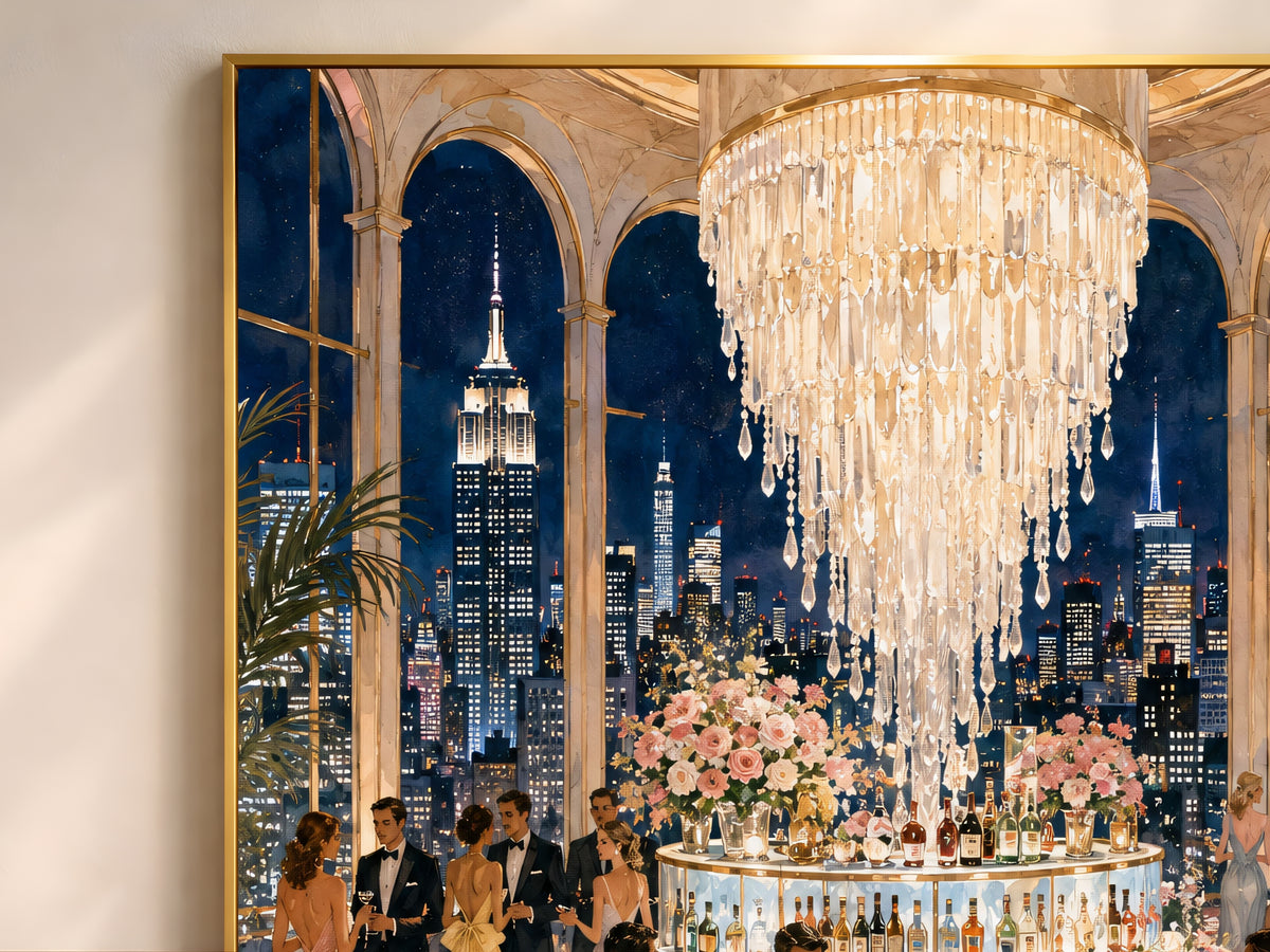 NYC Rooftop Bar Wall Art, Manhattan Skyline Cocktail Party Print - Digital Download