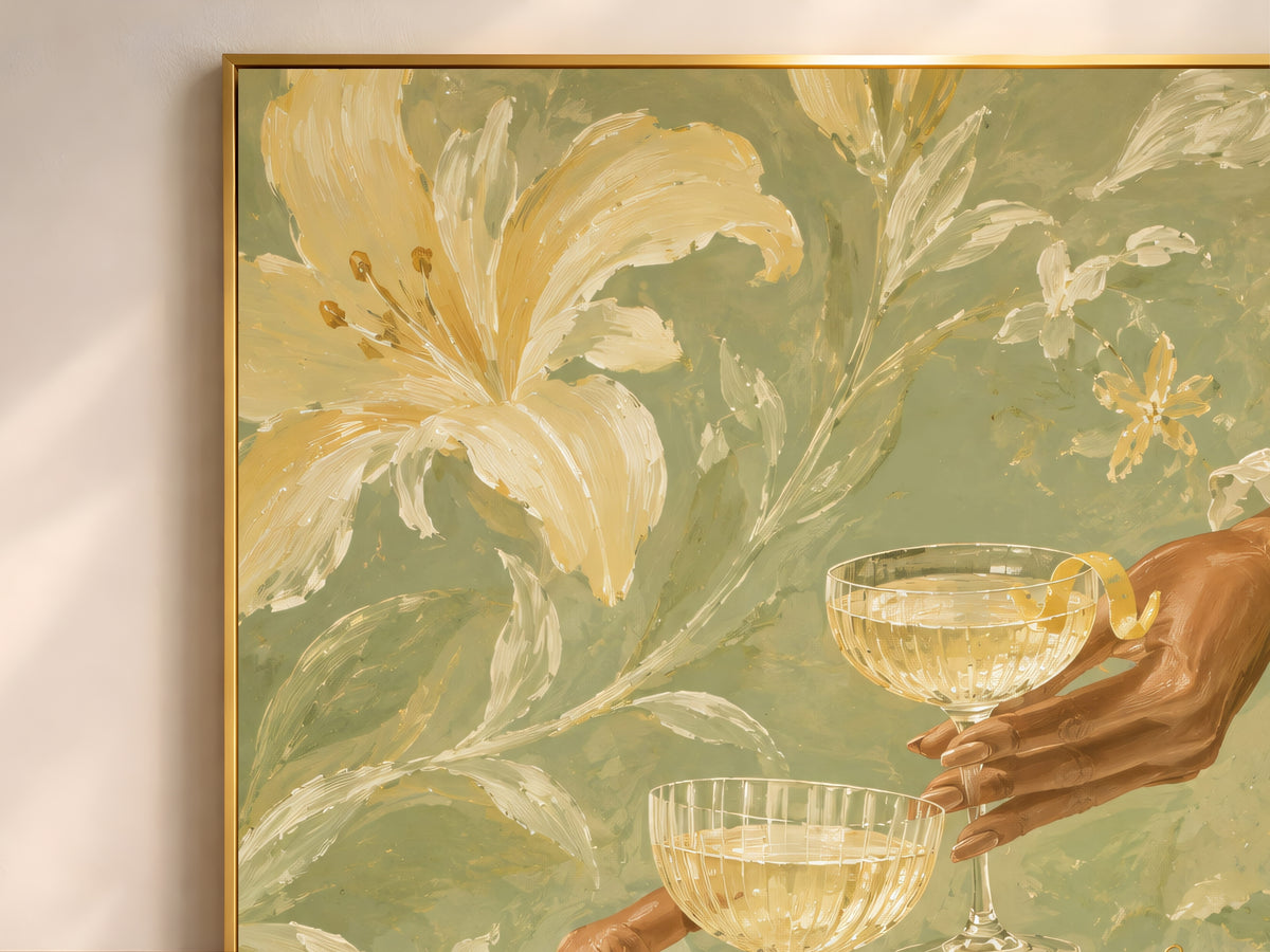 Cheers Cocktail Wall Art, Butter Yellow Floral Print - Digital Download
