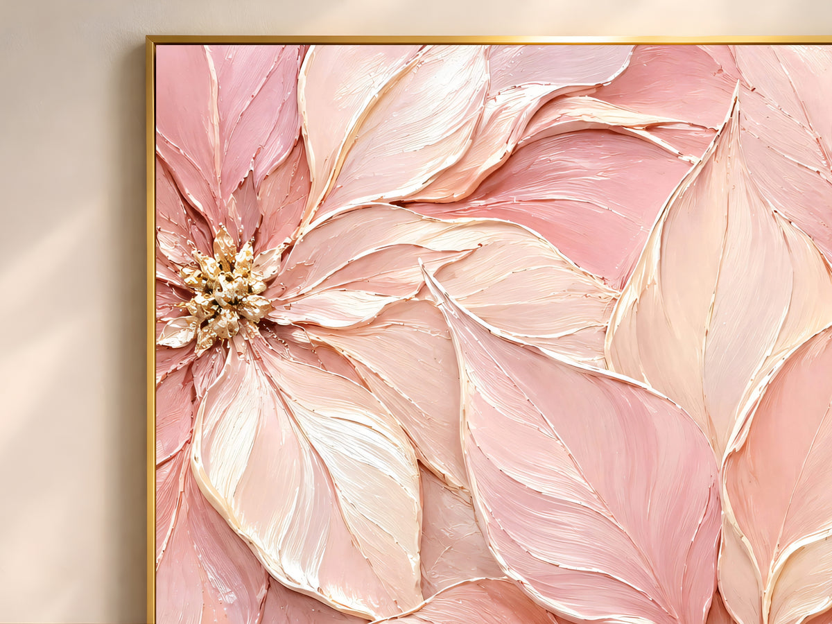 Framed painting of pink and cream poinsettia petals with gold centers