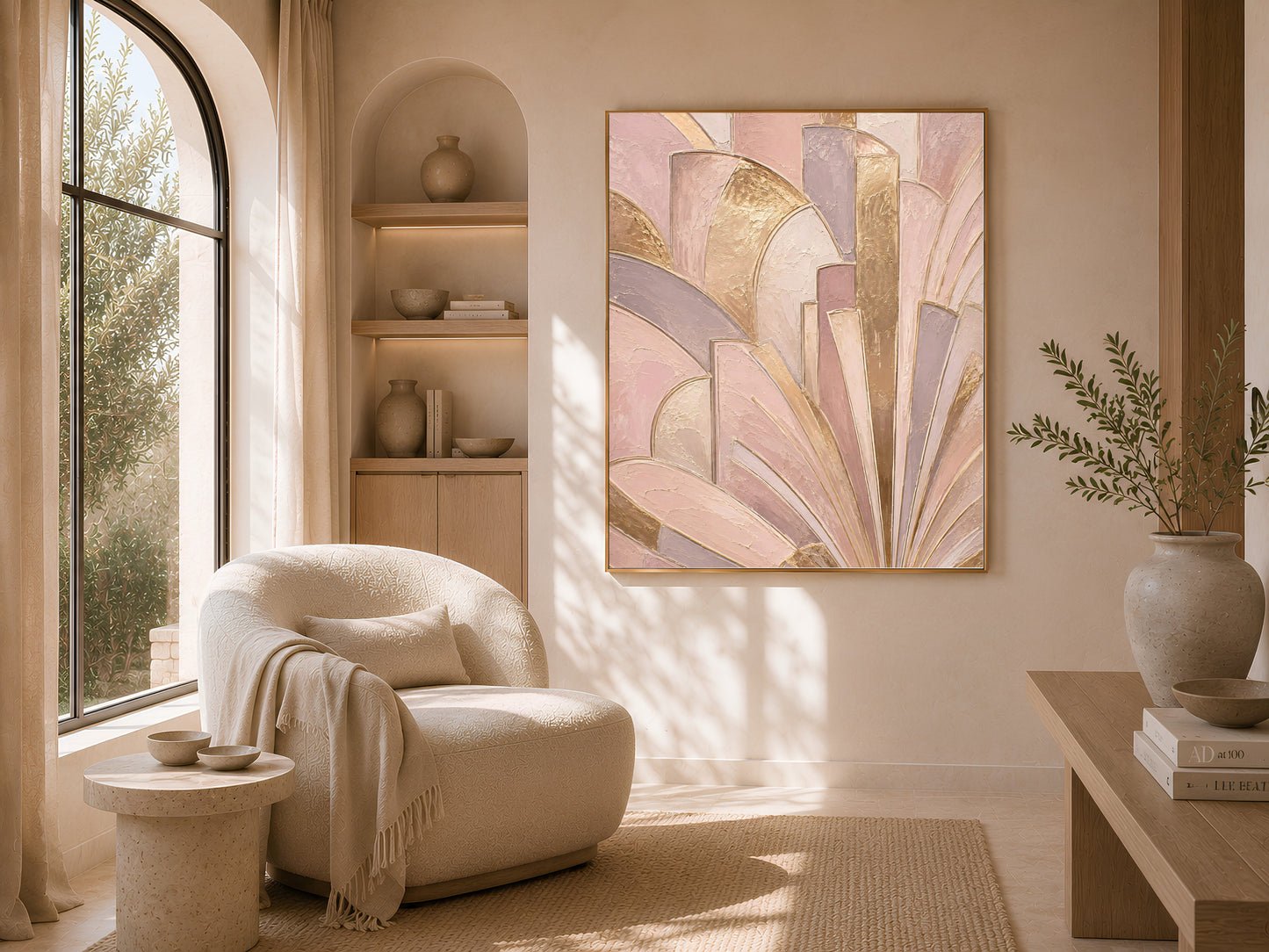 Art deco wall art framed between built-in shelves, blush pink and gold textured painting
