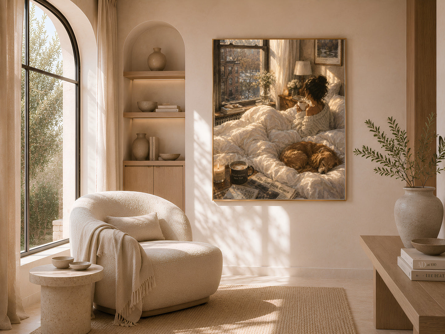 Framed cozy New York illustration print beside an arched window with soft daylight