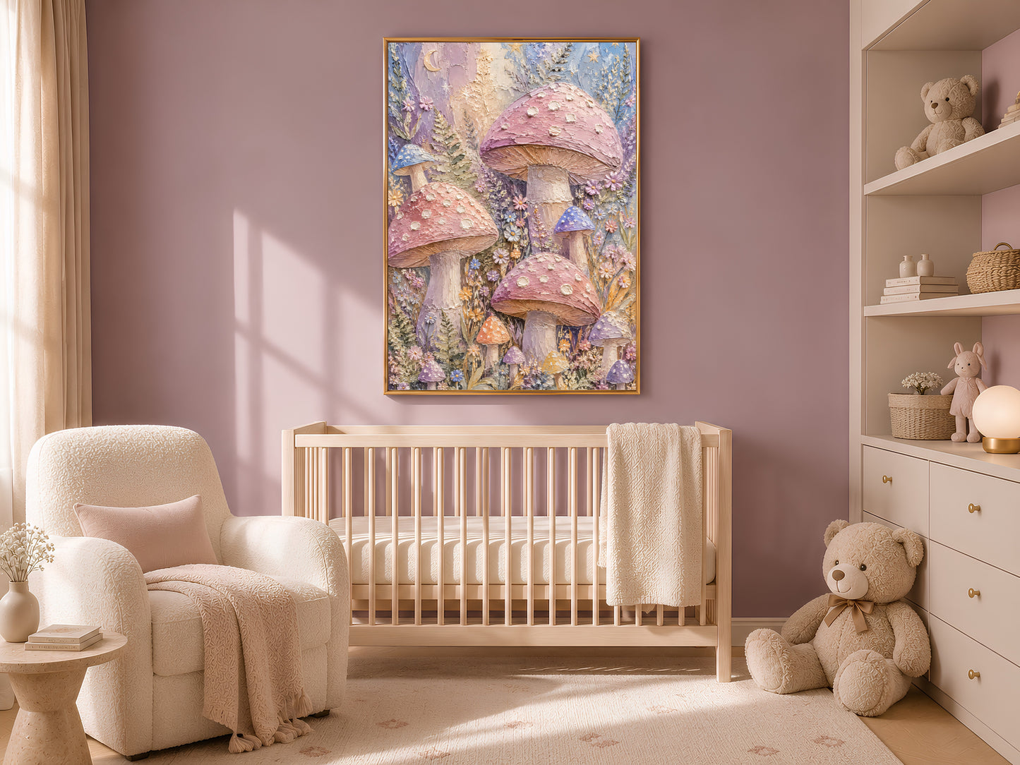 Pastel mushroom print in gold frame in soft neutral nursery with white crib armchair and teddy bear
