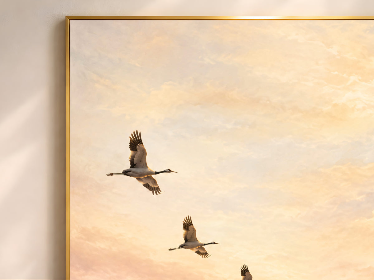 Flying Cranes Wall Art, Sunset Sky Print, Ethereal Pastel Bedroom Decor - Digital Download