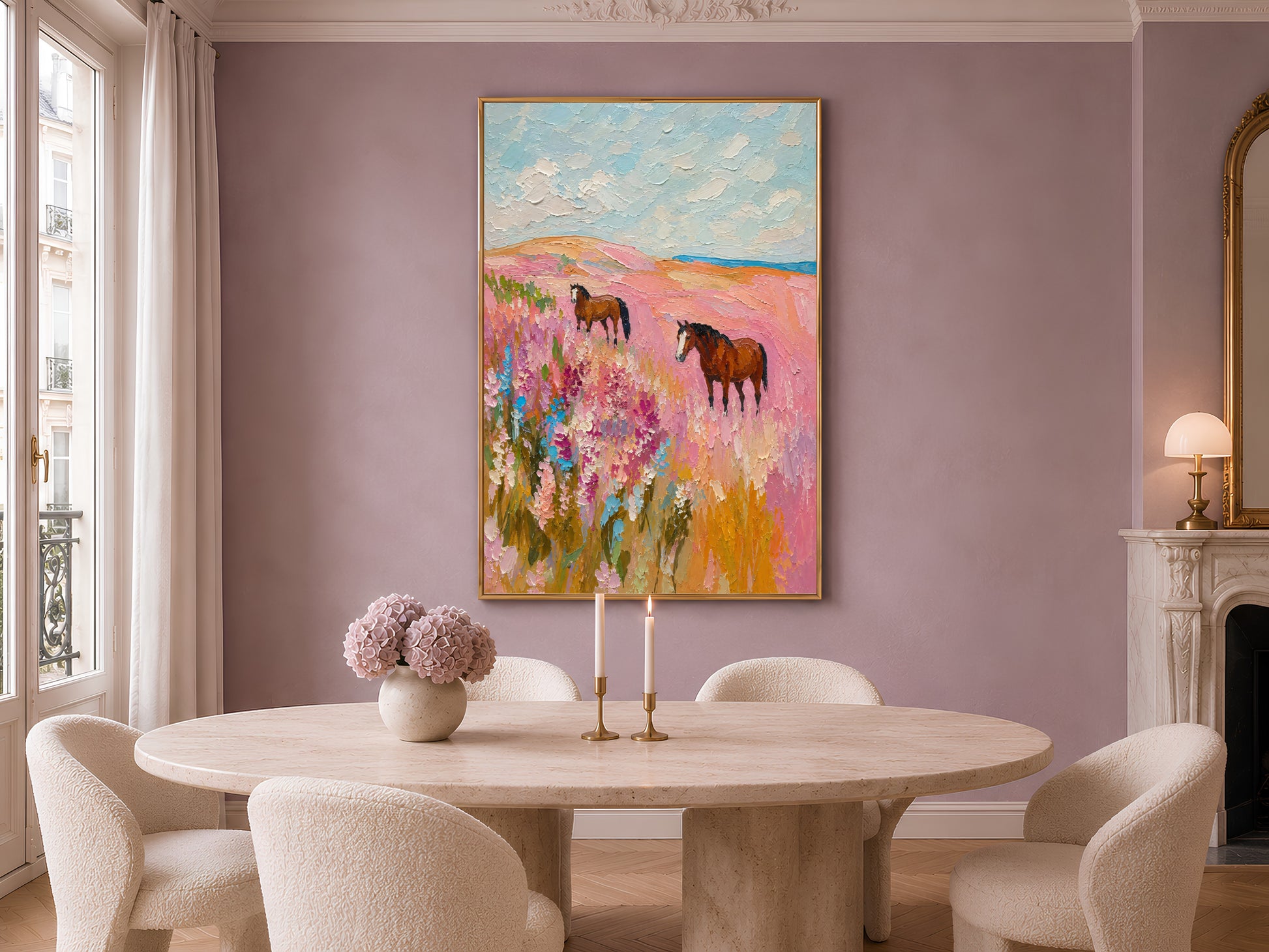 Pink wildflower horse painting framed in a dining room above a round table and chairs
