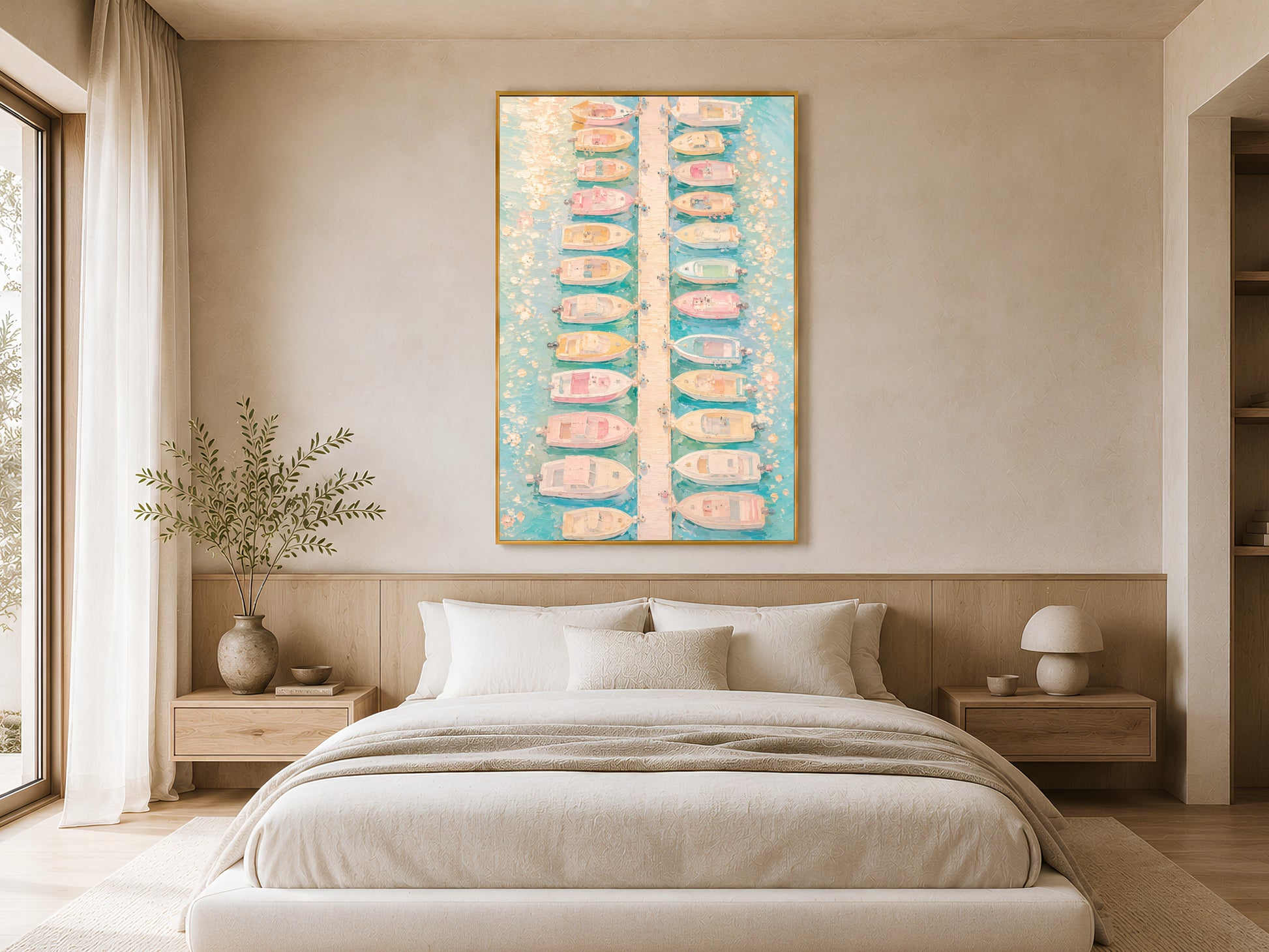 Aerial marina boat wall art in gold frame above a linen bed in a soft neutral Scandinavian-style bedroom