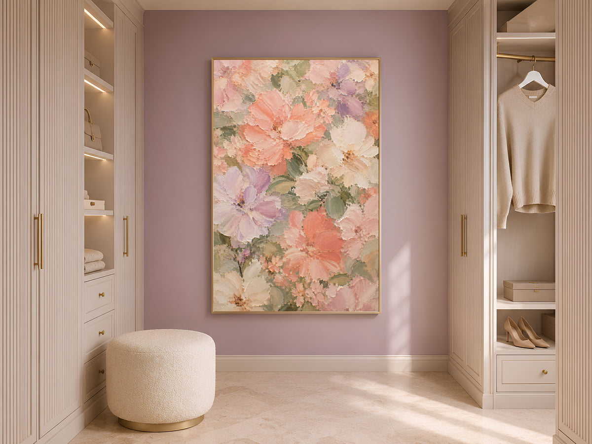 Pastel dahlia peony art print displayed above a bench in a warm neutral dressing room