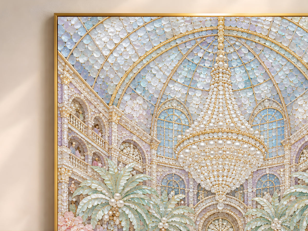 Pastel Garden Courtyard Wall Art, Whimsical Mosaic Fountain Print - Digital Download