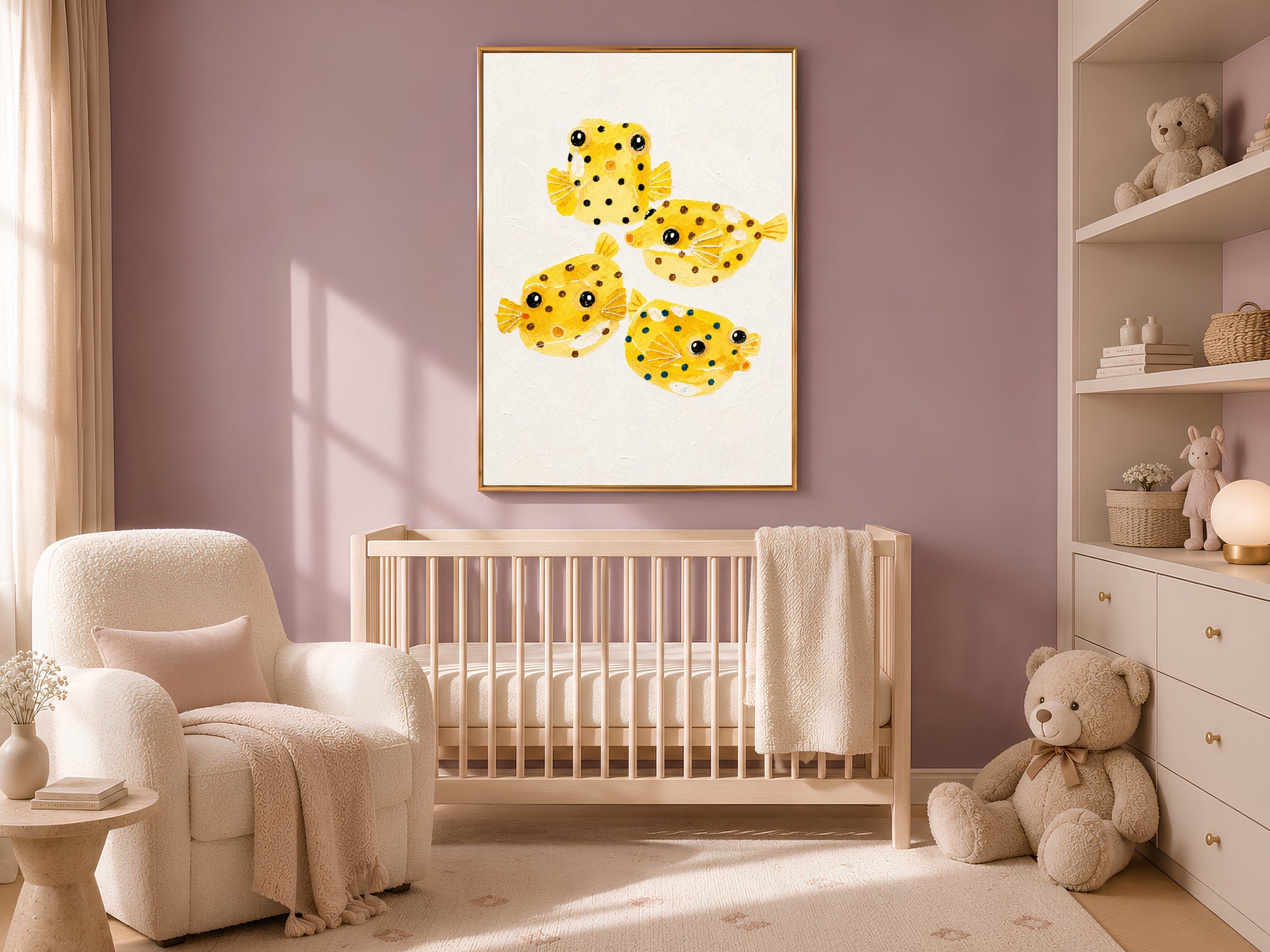 Yellow boxfish painting framed beside a crib and rocking chair in a sunlit nursery
